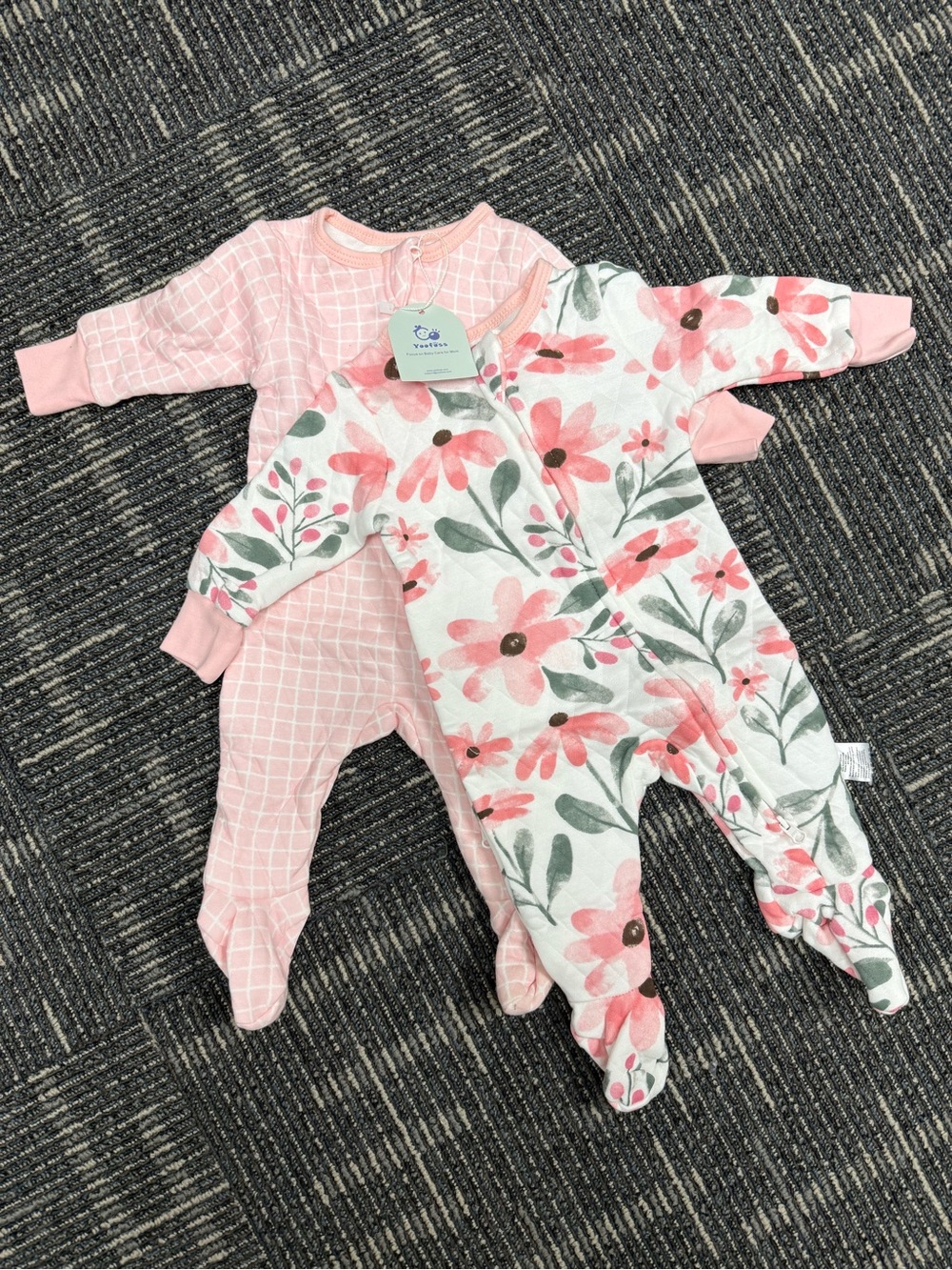 Pink Floral & Light Pink Grid Baby Footed One-Piece Set